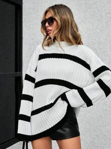 EURMUSE Striped Pattern Drop Shoulder Sweater - White - View 5