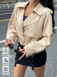 Coolane 女式秋季/四季文艺复兴嬉皮休闲复古老钱基本款宽松短款风衣 - 卡其色 - 查看 7