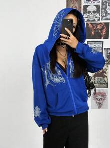 StreetHx 女士海军蓝英式水钻装饰街头风连帽衫 - 寶藍色 - 查看 5