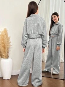 SHEIN Tween Girl Loose Casual Minimalist Comfortable Cropped Sweatshirt And Pants Set Fall Winter