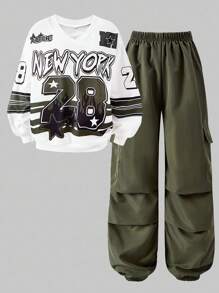 SHEIN ChillGRL 2 件套青少年女孩运动街头休闲字母和数字印花长袖针织运动衫和侧袋抽绳工装裤，酷女孩日常运动装 - 軍綠色 - 查看 5