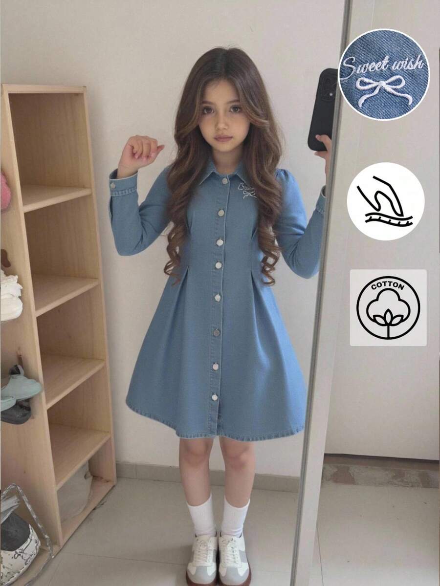 SHEIN 青少年女孩牛仔连衣裙，休闲舒适的纽扣式牛仔连衣裙，带刺绣图案，时尚街头风格，百搭面料，新品上市