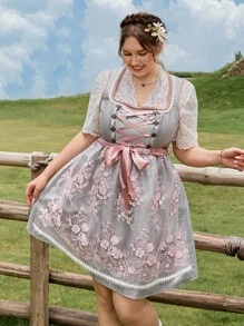 SHEIN Frenchy Plus Size Women Tie-Up Design Applique Mesh Hem Sleeveless Elegant Dirndl, German, Oktoberfest, Traditional Dress,Fall Clothes For Women - Multicolor - View 7