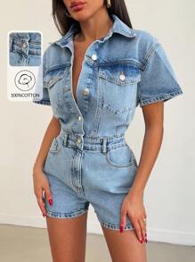 EURMUSE 女士纽扣半襟口袋短袖休闲牛仔连体裤