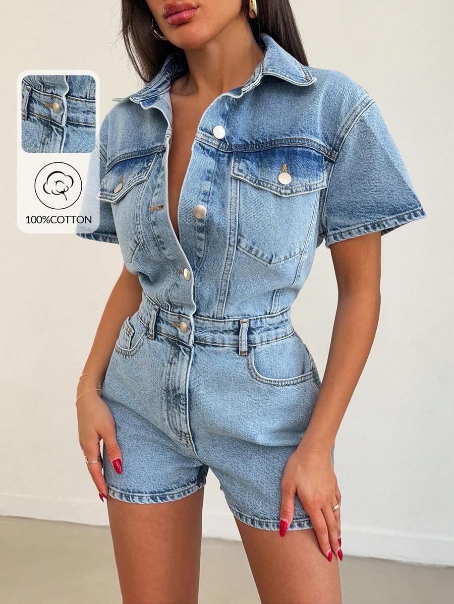 EURMUSE 女士纽扣半襟口袋短袖休闲牛仔连体裤