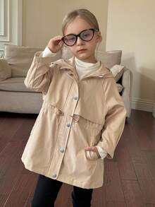 Young Girl Beige Solid Color Hooded Waist Drawstring Casual Windbreaker,Spring Autumn Trench Coat Jacket,Back-To-School,Career Day Kid Girl Jacket - Khaki - View 5