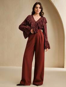 Anewsta 女士优雅 V 领天鹅绒蕾丝荷叶边长袖衬衫，浪漫圣诞约会装，冬季 - 酒紅色 - 查看 5