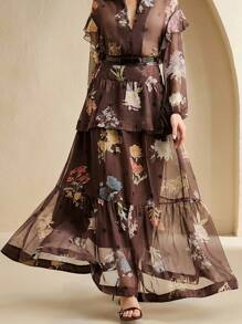 Anewsta Women's Spring Vacation Floral Print Ruffle Hem Fashionable A-Line Skirt - Brown - View 3