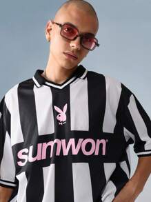 PLAYBOY X SUMWON 常规版型黑白条纹图案复古风格运动衫短袖休闲街头学院风运动 T 恤 - 黑與白 - 查看 4