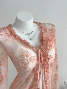 Elamini Sexy V-Neck Flocked Ruffle Tie-Up Slim Fit Sheer Long Sleeve Cardigan Top Fall Cloth For Women - Pink - View 1