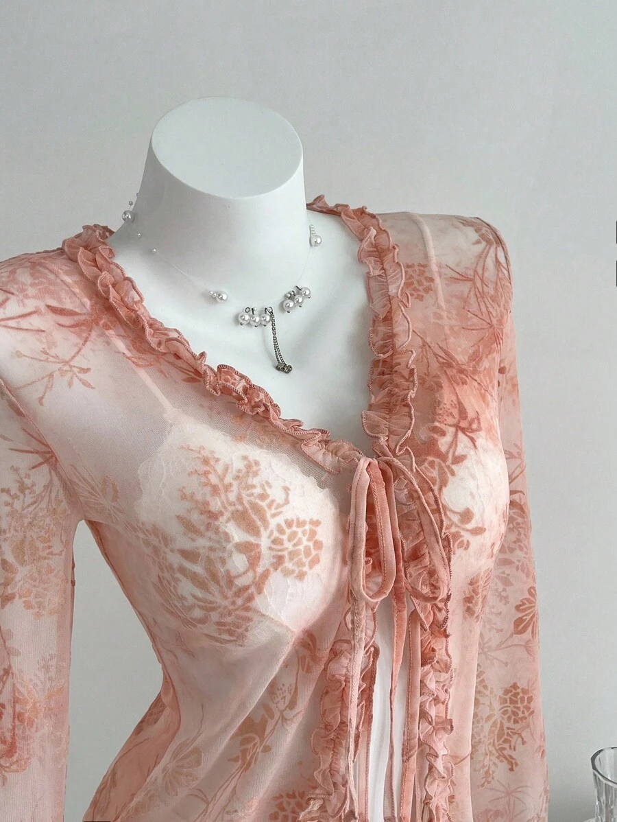 Elamini Sexy V-Neck Flocked Ruffle Tie-Up Slim Fit Sheer Long Sleeve Cardigan Top Fall Cloth For Women - Pink - View 1