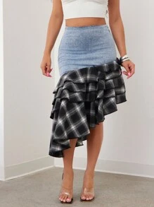 Vixey Stretch Denim Contrast Ruffle Hem Asymmetrical Skirt, Brunch, Western Wear, Cowgirl, Country Concert - Black and White - View 1