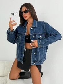 EURMUSE Raw Wash Classic Flap Pocket Ripped Drop Shoulder Denim Jacket Womens Jean Jacket Blue Jean Jacket Oversized Jean Jacket Jean Jacket - Dark Wash - View 6