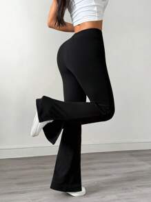 SHEIN EZwear 女式纯色休闲开衩紧身喇叭裤 - 黑色 - 查看 2