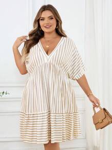 SHEIN CURVE+ Plus Size Women Striped V-Neck Batwing Short Sleeve Ruffle Hem Casual Dressfall Clothes For Women,Winter,CURVE PLUS - Multicolor - View 7