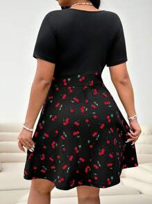 Solflare Plus Size Women Cherry Print V-Neck Short Sleeve Casual Dress, Suitable For Daily Wear, Spring/Summer