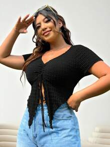 SHEIN EZwear Plus Drawstring Front Lettuce Trim Asymmetrical Hem Tee - Black - View 5