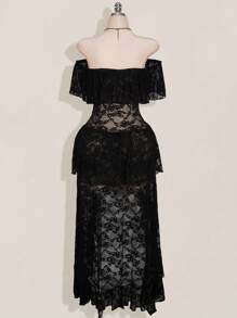 SHEIN ICON Plus Size Off Shoulder Ruffle Lace Tiered Short Front Long Back Dress, Boho, Vacation - Black - View 2