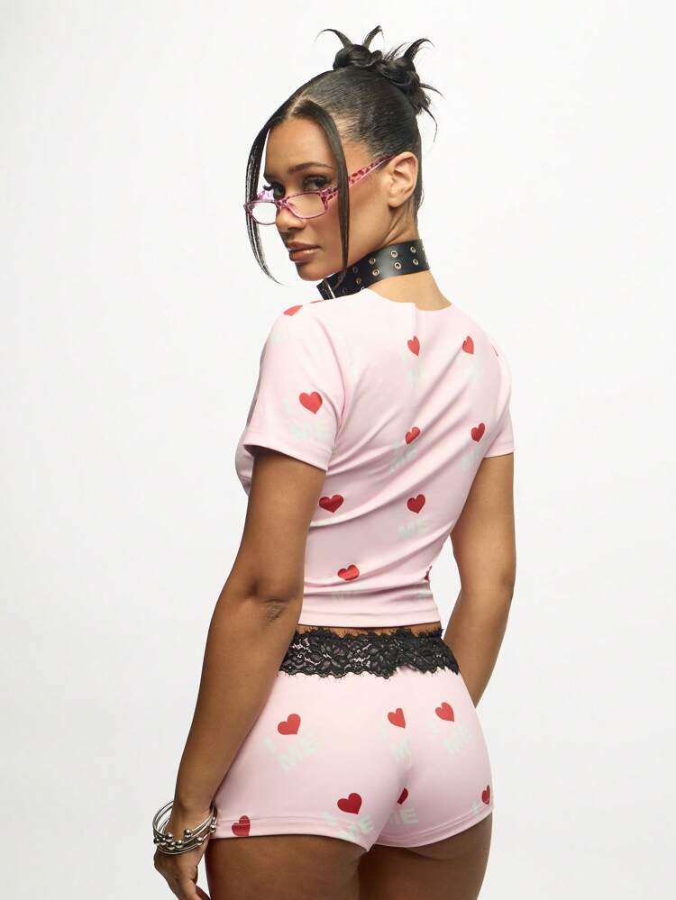 SUMWON WOMEN Heart Print V Neck Crop Top With Lace Detail