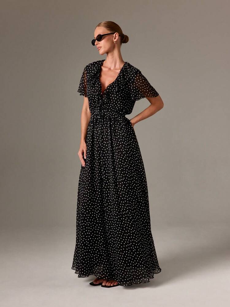 AiiRZ Polka Dot Flutter Sleeve Maxi Dress V Neck Ruffle Flowy Elegant Summer Beach Wedding Guest Special Occasion Party Long Dress