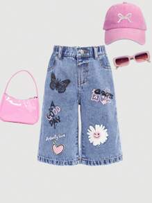 SHEIN Baby Girl Y2K Floral Smiling Face Print Loose Blue Ripped Jeans,Fall Kid's Casual And Comfortable Wear,Back To School Clothes,2000s Style,Y2k Clothes - Light Wash - View 1