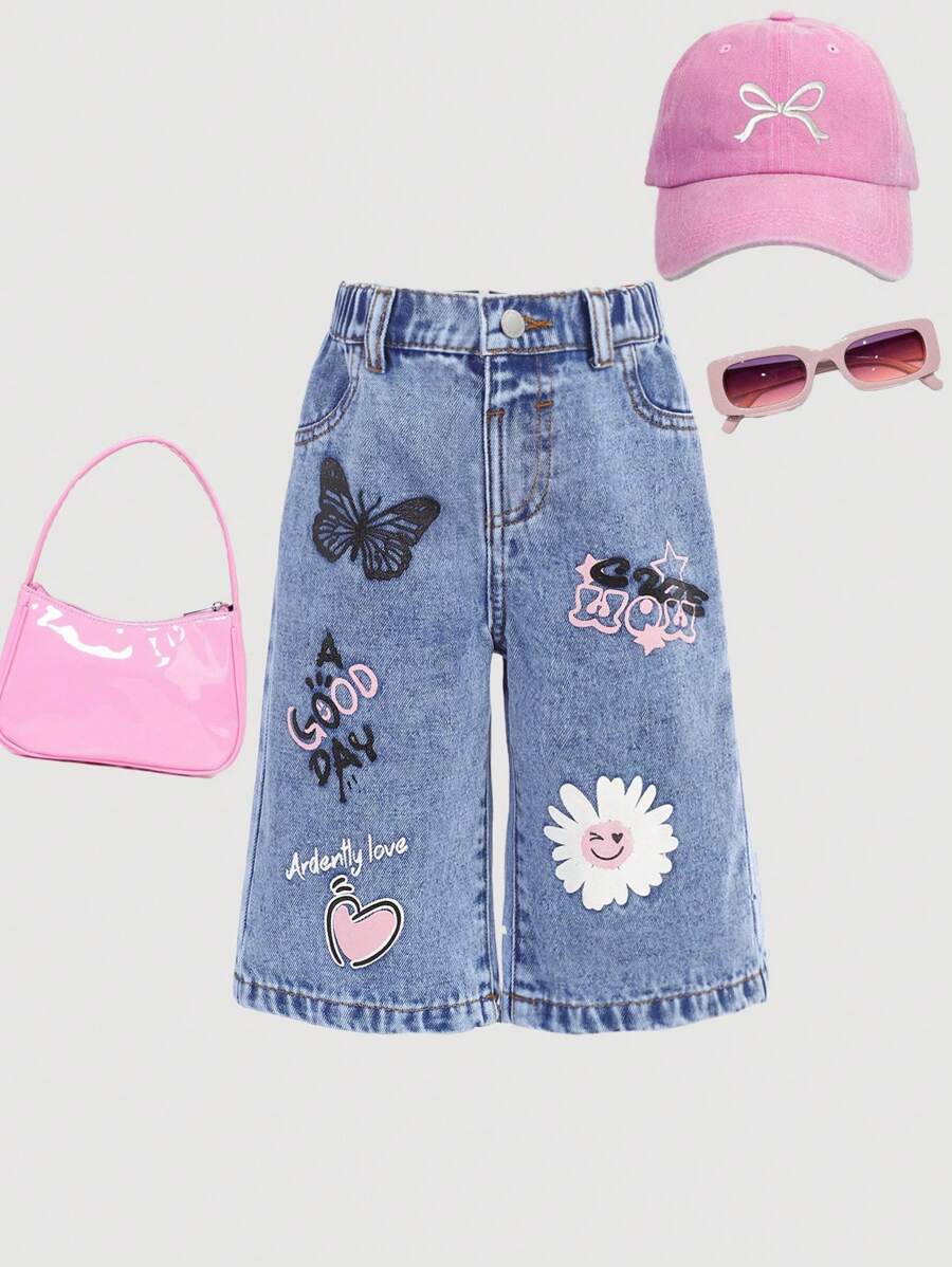 SHEIN Baby Girl Y2K Floral Smiling Face Print Loose Blue Ripped Jeans,Fall Kid's Casual And Comfortable Wear,Back To School Clothes,2000s Style,Y2k Clothes - Light Wash - View 1