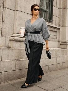 Calvaya Plus Size Women's Plaid Contrast Color Belt Waist Overlap V-Neck Puff Sleeve Mid-Sleeve Retro Elegant Blouse - Black and White - View 8
