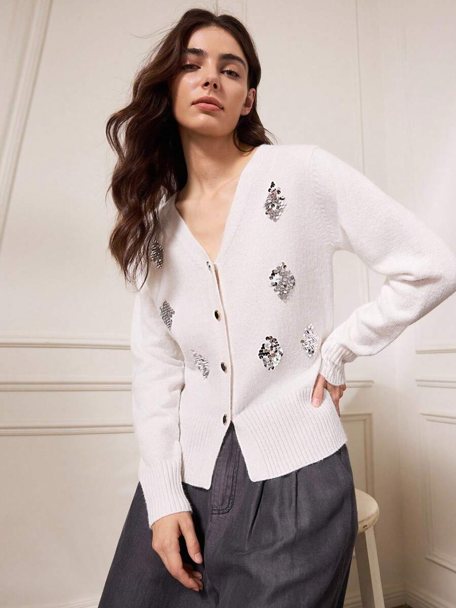 Briarwyn Áo khoác cardigan dáng rộng cổ chữ V tay dài cài khuy đơn đính sequin cho nữ, trang phục mùa thu, trang phục trở lại trường, phong cách quý tộc cổ điển dành cho phụ nữ, trang phục giáo viên dành cho nữ. toàn màu trắng, áo khoác cardigan kín đáo