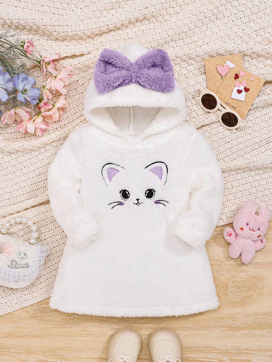 女婴休闲可爱猫咪刺绣连帽抓绒连衣裙 女婴服装 女婴卫衣 女婴猫咪服装 冬季连衣裙 女婴秋季冬装 - 彩色 - 查看 1