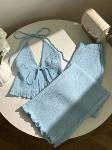 Elamini Textured Fabric Pleated Halter Neck Loose Wide Leg Pants Set