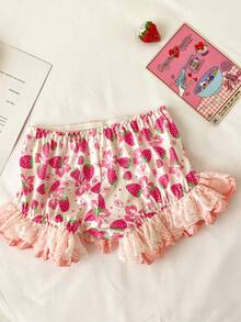 Tween Girls Elastic Waist Bow Decor Strawberry All-Over Print Lace Patchwork Cute Panties Underwear - Pink - View 2