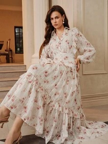 SHEIN Unity New Lightweight Luxury French Floral V-Neck Lantern Sleeve Cinched Waist Elegant Dress For Women - Multicolor - View 4