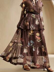 Anewsta Women's Spring Vacation Floral Print Ruffle Hem Fashionable A-Line Skirt - Brown - View 4