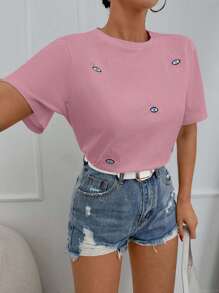 EURMUSE Áo thun cổ tròn nữ 100% cotton thêu hình mắt - Màu Hồng baby - Xem 5