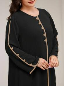 Veilorie 休闲宽松优雅长袖拼色大码女式阿拉伯连衣裙 - 黑色 - 查看 5