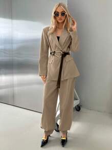 Aloruh Women's Elegant Khaki Summer Business Casual Office Suit Set,Long-Sleeved Jacket,High Waist Wide-Leg Pants,Simple Basic Commuting 2pce Autumn/Winter - Khaki - View 6