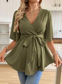 SHEIN V领荷叶边孕妇上衣（配腰带） - 軍綠色 - 查看 5