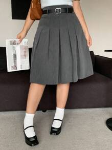 Dazy Plus Váy dài đến đầu gối xếp ly chữ A màu trơn cỡ lớn cho nữ, phong cách học sinh mùa thu - Màu xám đen - Xem 7