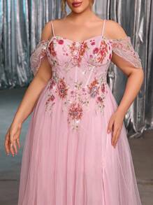 Glamrae 大码夏季优雅浪漫奢华粉色网眼缀饰露肩泡泡袖网眼裙，适合晚会、单身派对、约会、度假、舞会、婚礼、正式场合（重刺绣） - 粉色 - 查看 2