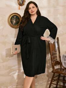 Côtesoire 法式撞色蕾丝边饰，柔软亲肤罗纹系带腰身浴袍，秋冬季舒适保暖穿搭 - 黑色 - 查看 4