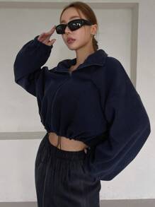 DAZY 女士纯色立领收腰保暖内衬夹克，冬季外套，秋季女装 - 藏蓝色 - 查看 5