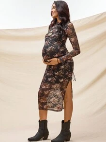 Boho Mama 孕妇圆领插肩长袖透视开衩碎花修身连衣裙 - 彩色 - 查看 5