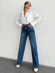 SHEIN Tall 100%Cotton Straight Zipper Fly Denim TALL Jeans Jeans Women High Waist High Waist Jeans Jeans For Women - Dark Wash - View 3
