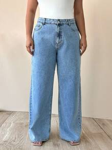 SHEIN Cottnline 100% Cotton HIGH WAIST WIDE LEG CUT PLUS SIZE  JEAN - Light Wash - View 7