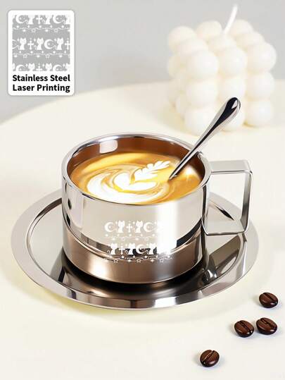 Goth 1pc Gothic 200ml Stainless Steel Coffee Cup,Gothic Coffee Cup Set, Cute Cat And Moon Pattern, Coffee Cup Set, Vintage Coffee Tea Cup, Retro,Suitable For Restaurant Or Home,Home Decor, Halloween