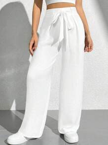 Pantalones de pierna ancha largos con cinturón y unicolor - Blanco - Ver 5