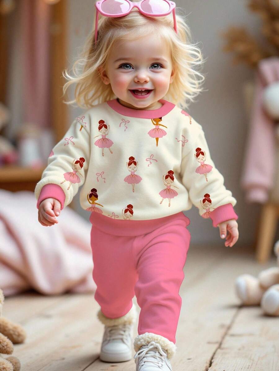 SHEIN 可爱卡通舞女蝴蝶结印花女婴休闲针织柔软厚圆领长袖运动衫和紧身裤套装 - 彩色 - 查看 1