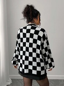 Elenzga Gothic Academia Check Detail Halloween Autumn/Winter Fashion Casual Color Block Checkerboard Patchwork Women Loose Fit Plus Size Cardigan, Outerwear Suitable For Outing, Vacation, Party Black And White Checkered Cardigan