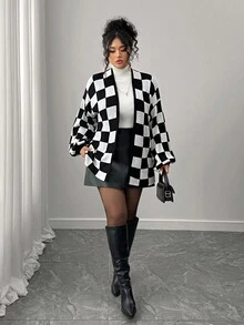 Elenzga Gothic Academia Check Detail Halloween Autumn/Winter Fashion Casual Color Block Checkerboard Patchwork Women Loose Fit Plus Size Cardigan, Outerwear Suitable For Outing, Vacation, Party Black And White Checkered Cardigan