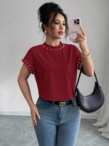 Elenzga Camiseta Feminina de Gola Redonda e Manga Curta Preta com Pérolas Bubble - Vinho - Visão 5